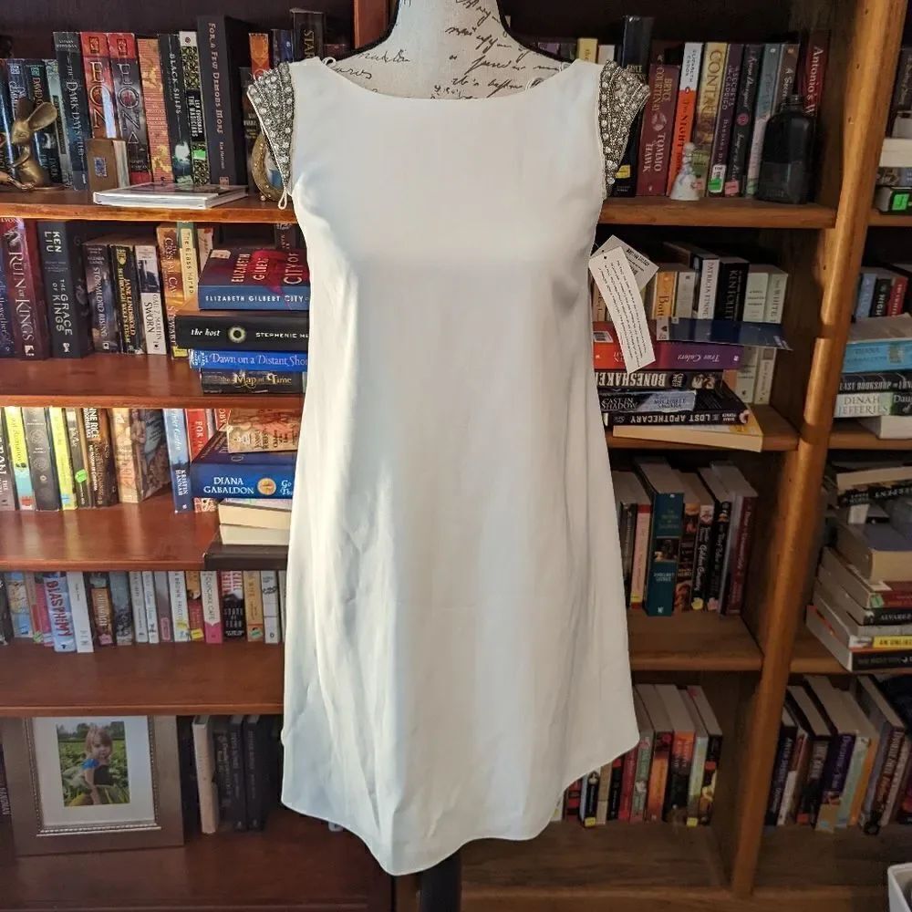 AIDAN mattox silver trapeze cocktail dress in ivory beaded cap sleeve sz 0 nwt